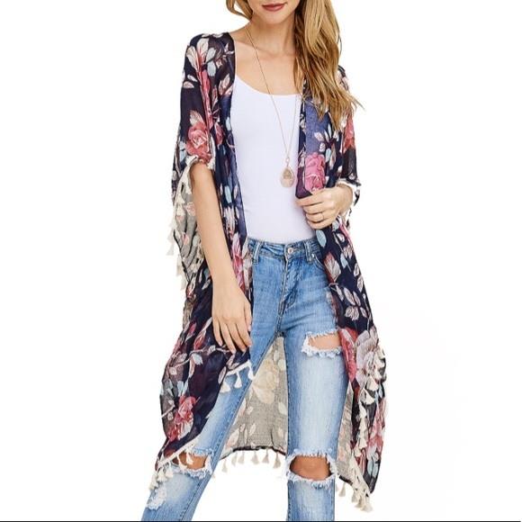 ❤️LAST NEW Navy Tassel Trim kimono cover up - Picture 3 of 3